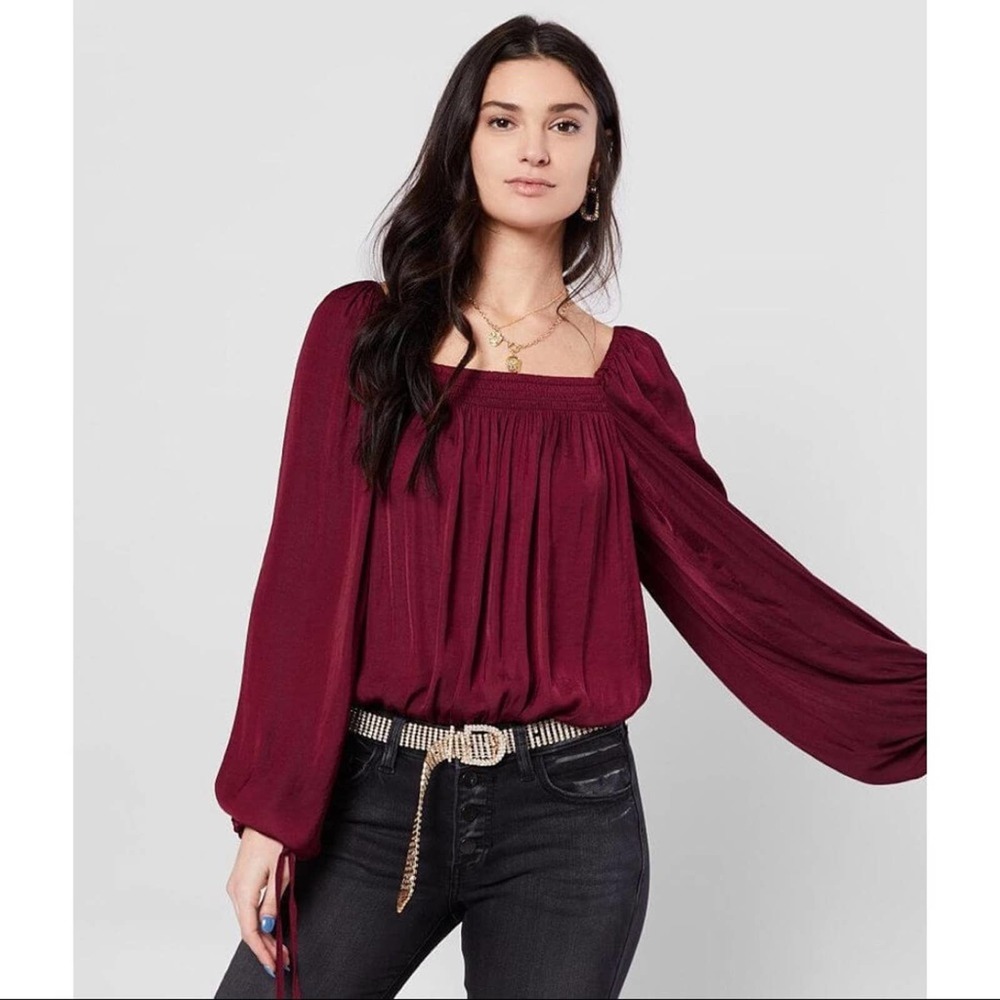 Free People Red Burgendy Wine Flowy Boho Silky Long Sleeve Cottagegore Bodysuit